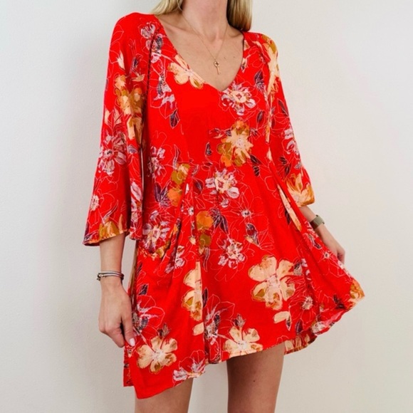 Free People Coral-Red Floral High-Low V-Neck Dress - Picture 3 of 13